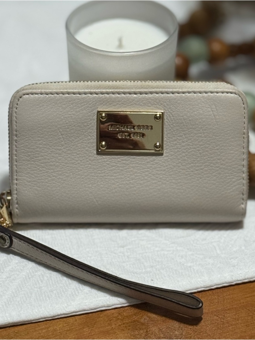 Michael Kors Cream Pebbled Leather Wristlet Wallet with Gold Accents